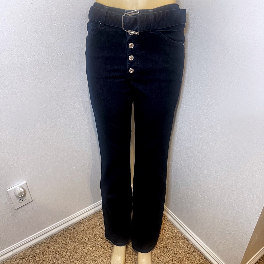 Women's Dark Wash Flare Jeans with Silver Button Fly and Belt